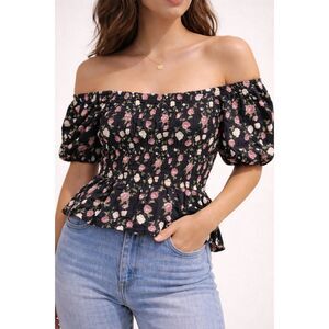 Celebrity Pink Floral Smocked Peplum Top | Puff Sleeve Cottagecore Blouse Size L